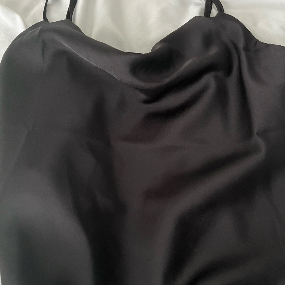 Saslax Satin Drape Cowl Neck Sleeveless Spaghetti Strap Cami Bodysuit Black XS - Picture 5 of 5